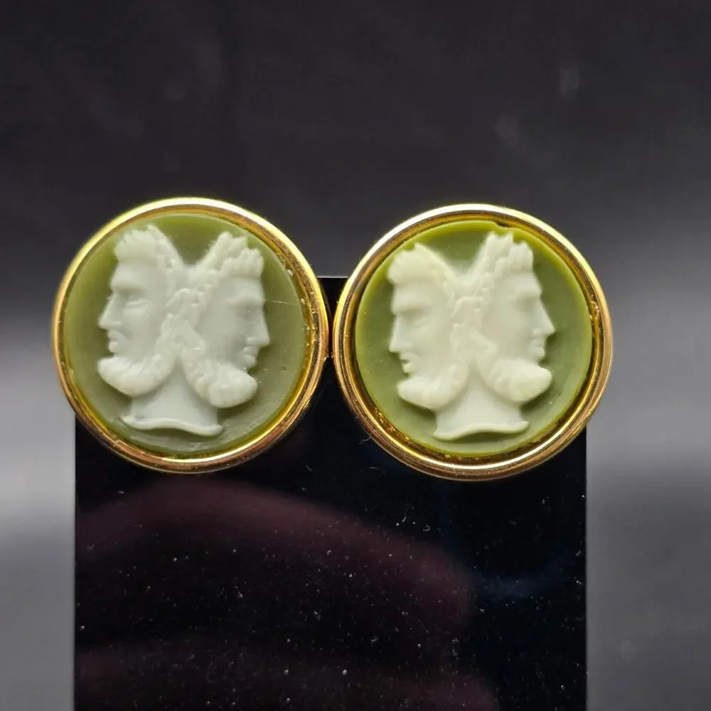Green Janus Cameo Cufflinks Greek Roman Gold Gold Tone Vintage NOS